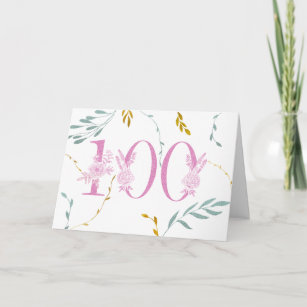 100th birthday faux glitter leaves pink white card