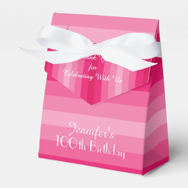 100th Birthday Favour Box, Pink Stripes Favour Box (Front Side)