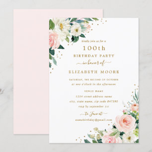 100th Birthday Floral Blush Gold Invitation