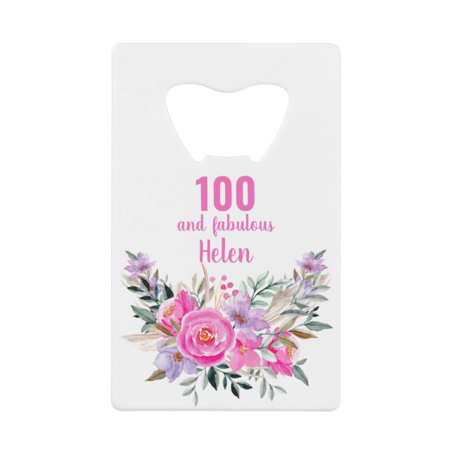 100th birthday floral credit card bottle opener (Front)
