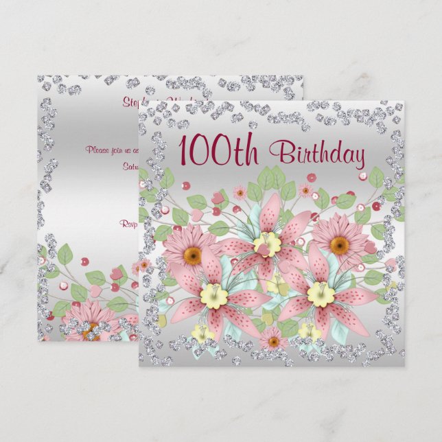 100th Birthday Floral Display & Diamonds Invitation (Front/Back)