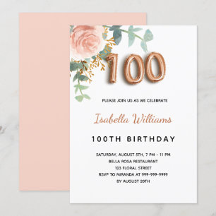 100th birthday floral rose gold eucalyptus foliage invitation