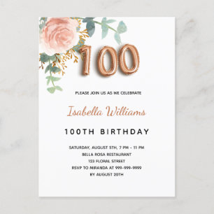 100th birthday floral rose gold eucalyptus foliage invitation postcard