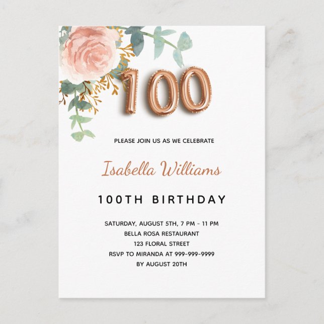 100th birthday floral rose gold eucalyptus foliage invitation postcard (Front)