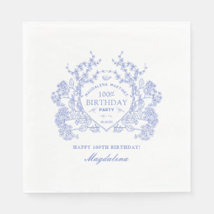 100th Birthday French Blue Floral Crest Custom Napkin