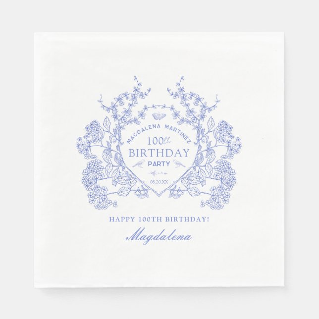 100th Birthday French Blue Floral Crest Custom Napkin (Front)