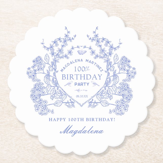 100th Birthday French Blue Floral Crest Custom Paper Coaster (Front)