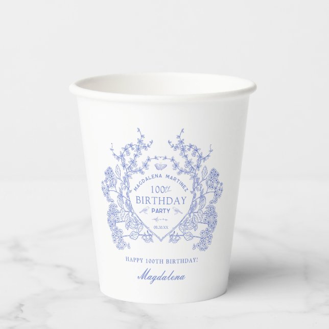 100th Birthday French Blue Floral Crest Custom Paper Cups (Front)