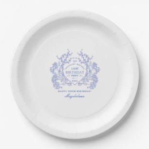 100th Birthday French Blue Floral Crest Custom Paper Plate
