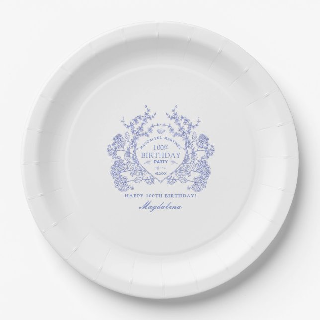 100th Birthday French Blue Floral Crest Custom Paper Plate (Front)