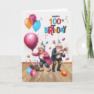 100th Birthday Funny Old Man and Woman Balloons Card