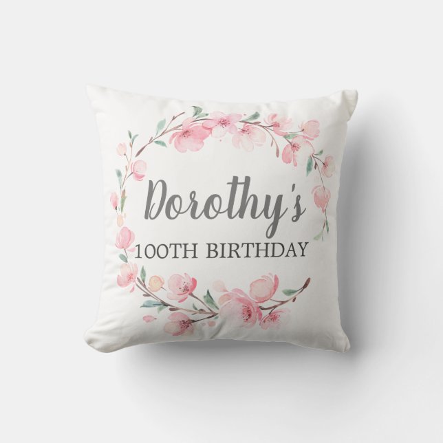 100th Birthday Gift Pink Cherry Blossom Floral Cushion (Front)