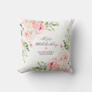 100th Birthday Gift Pink Floral Personalised Cushion