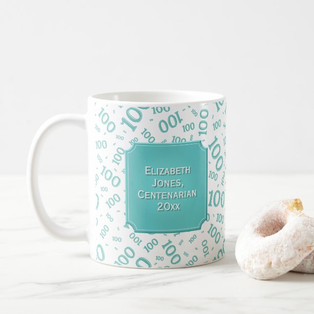 100th Birthday Gift Teal Random Number Pattern Coffee Mug (With Donut)