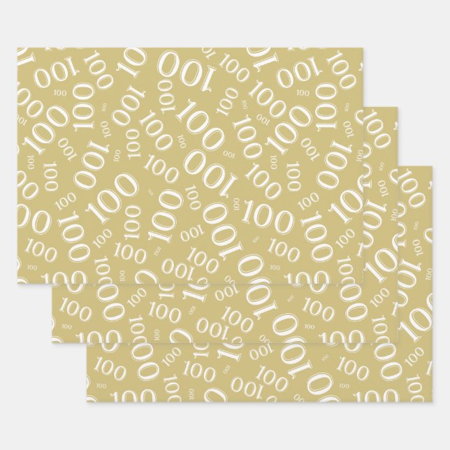100th Birthday Gold and White Number Pattern 100 Wrapping Paper Sheet (Set)