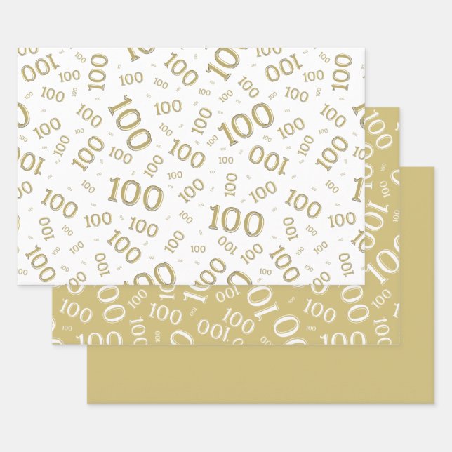 100th Birthday Gold and White Number Pattern 100 Wrapping Paper Sheet (Set)