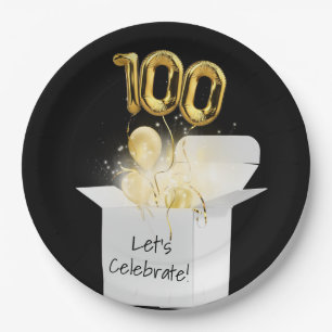 100th Birthday Gold Balloons In White Box Paper Plate