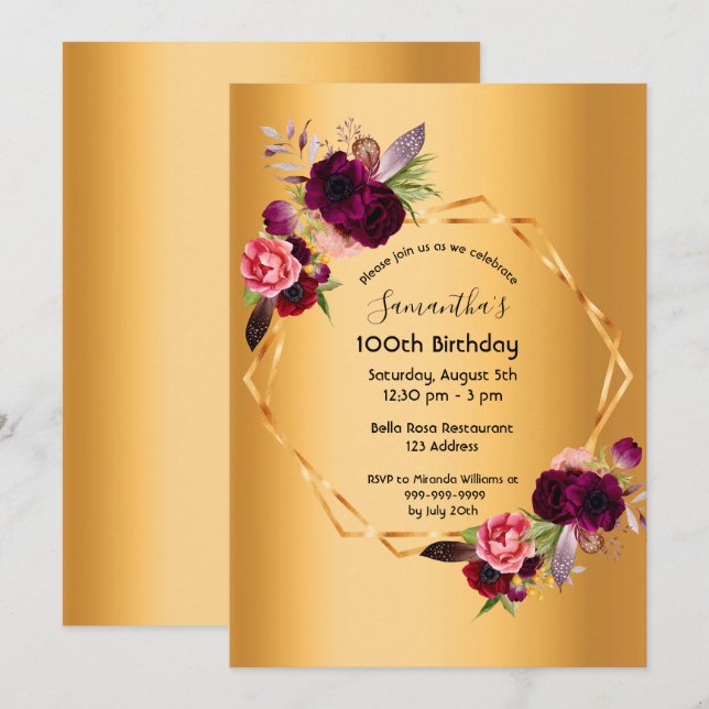 100th birthday gold burgundy florals geometric invitation (Front/Back)
