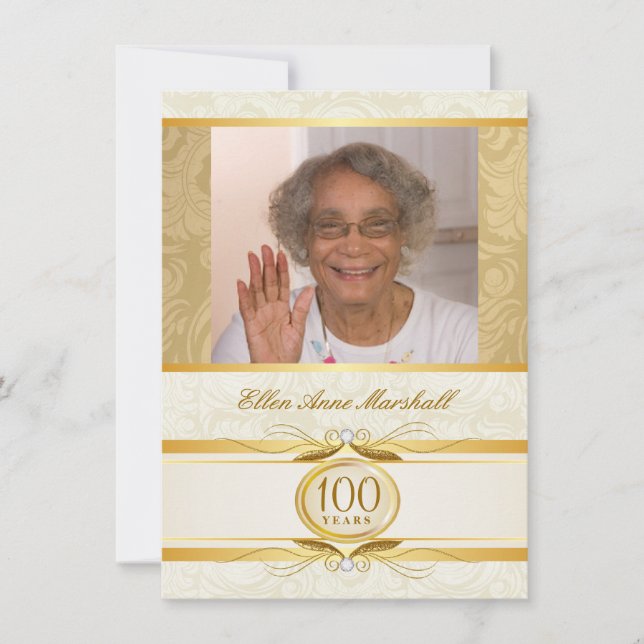 100th Birthday - Gold Damask Photo Invitation (Front)