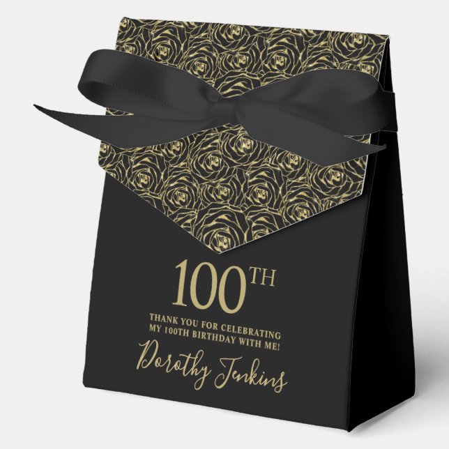 100th Birthday Gold Glitter Roses Thank You  Favour Box (Front)