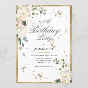 100th Birthday Gold Watercolor Floral Invitation