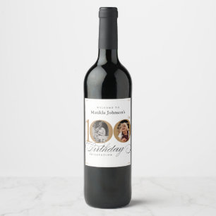 100th Birthday Gold White Calligraphy Custom Photo Wine Label