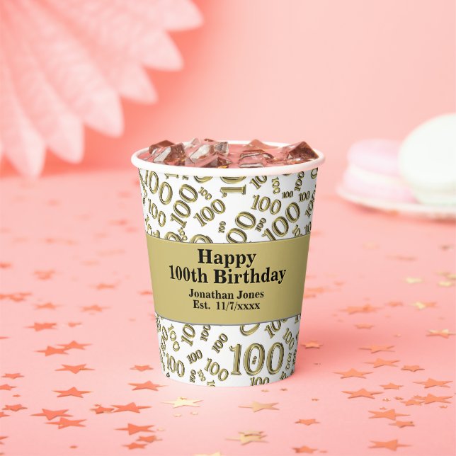 100th Birthday Gold/White Random Number Pattern   Paper Cups (Insitu)