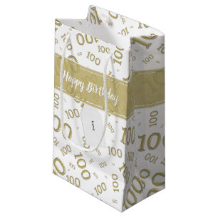 100th Birthday Gold/White Random Number Pattern Small Gift Bag