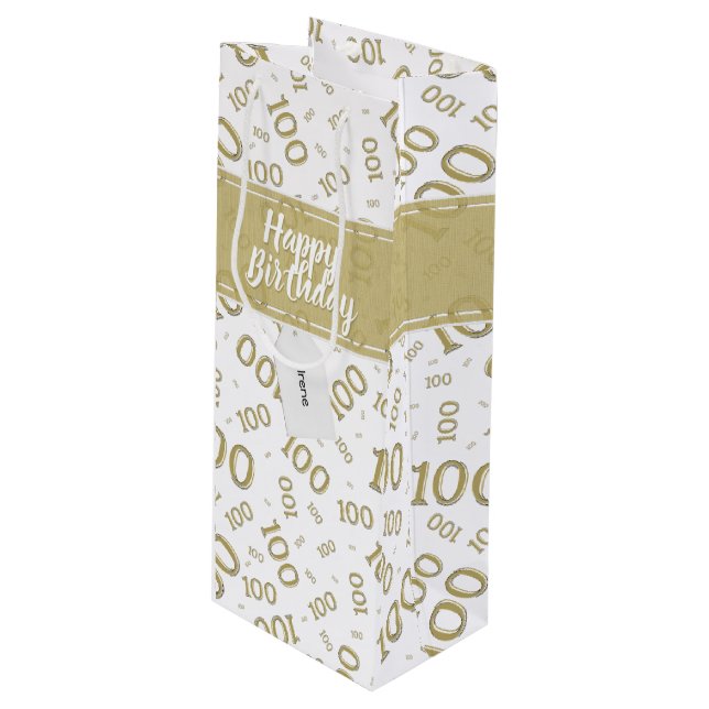 100th Birthday Gold/White Random Number Pattern Wine Gift Bag (Front Angled)