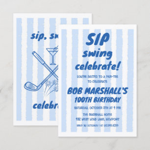 100th Birthday Golf Bold Blue Typography Stripes Invitation