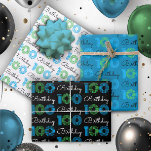 100th Birthday Green Blue Wrapping Paper Sheets