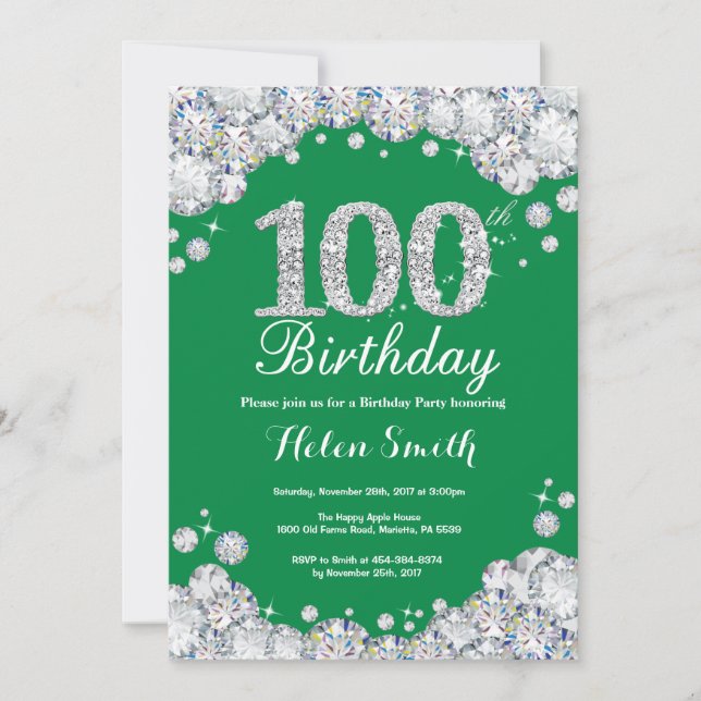 100th Birthday Green Silver Diamond Invitation (Front)