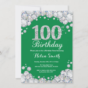 100th Birthday Green Silver Diamond Invitation