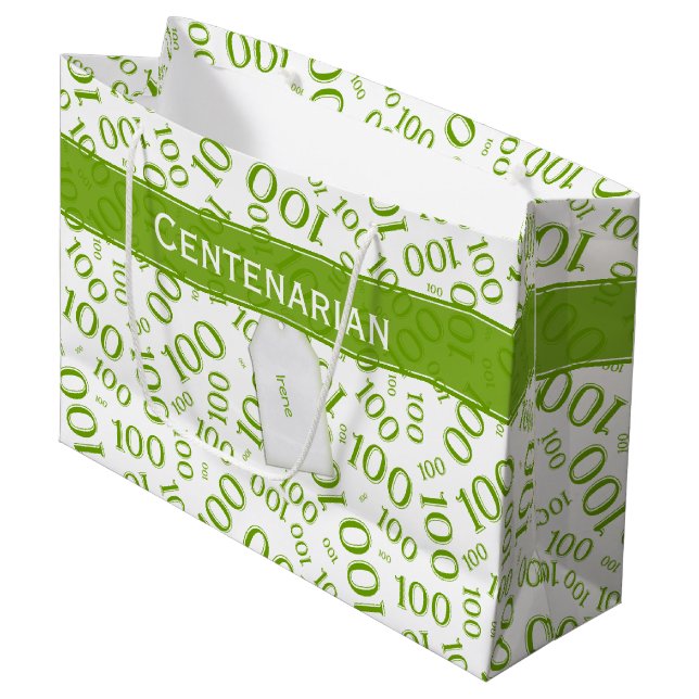 100th Birthday Green/White Random Number Pattern Large Gift Bag (Front Angled)
