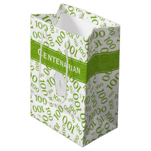 100th Birthday Green/White Random Number Pattern Medium Gift Bag