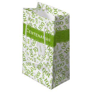 100th Birthday Green/White Random Number Pattern Small Gift Bag