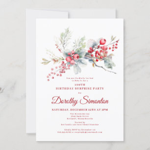 100th Birthday Greenery Red Berry Surprise Party Invitation