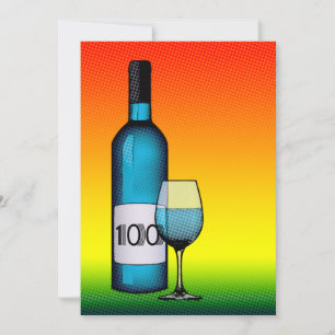 100th birthday : halftone wine bottle & glass invitation