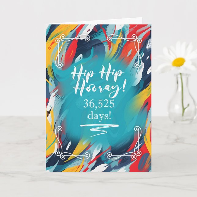 100th Birthday Hip Hip Hooray Painted Strokes Card (Small Plant)