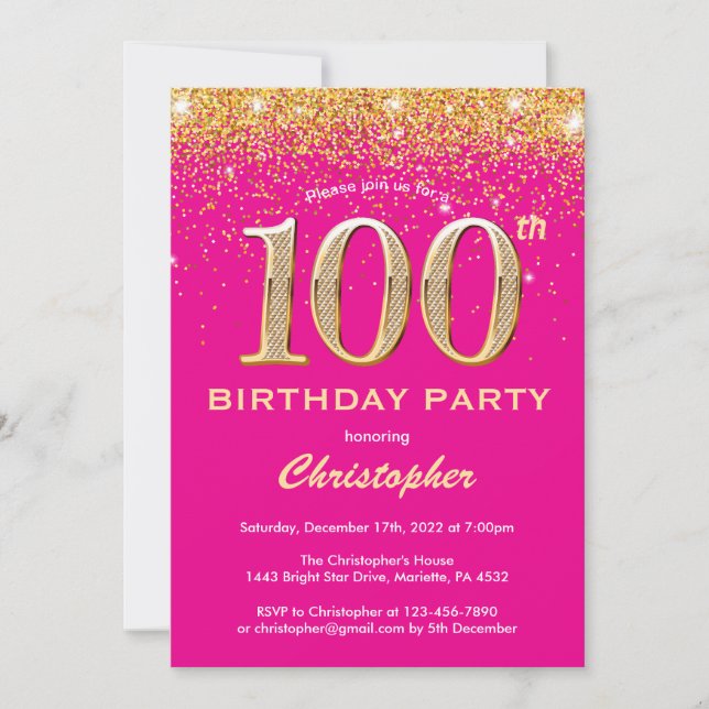 100th Birthday Hot Pink and Gold Glitter Confetti Invitation (Front)