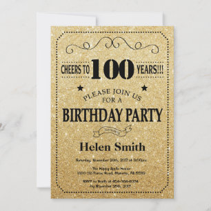 100th Birthday Invitation Black and Gold Glitter