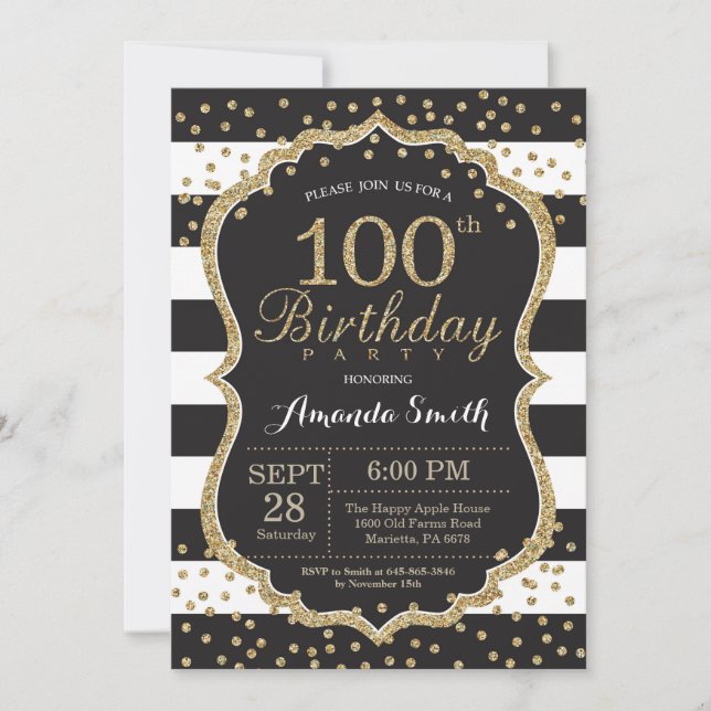 100th Birthday Invitation. Black and Gold Glitter Invitation (Front)