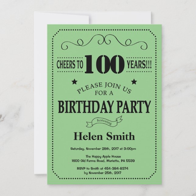 100th Birthday Invitation Black and Green (Front)