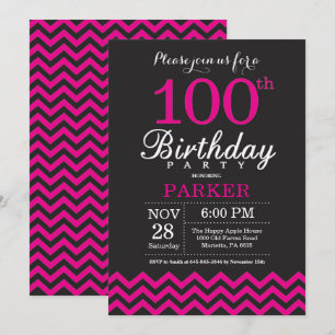 100th Birthday Invitation Black and Hot Pink