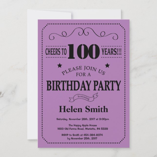 100th Birthday Invitation Black and Purple (Front)