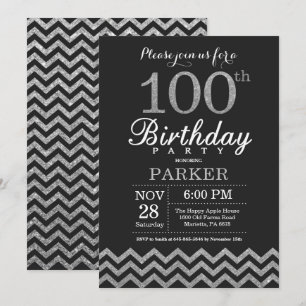 100th Birthday Invitation Black and Silver Glitter