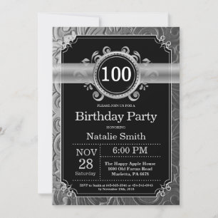 100th Birthday Invitation Black and Silver Glitter