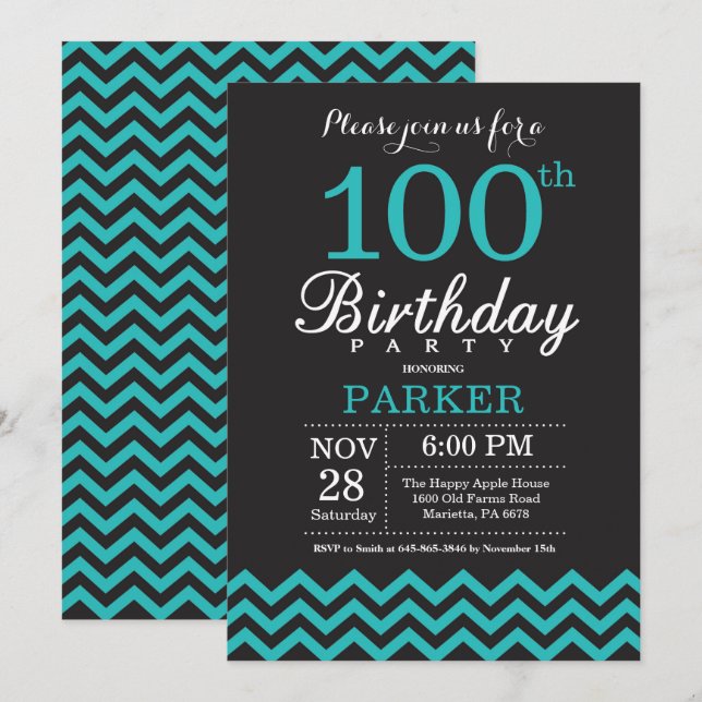 100th Birthday Invitation Black and Teal (Front/Back)