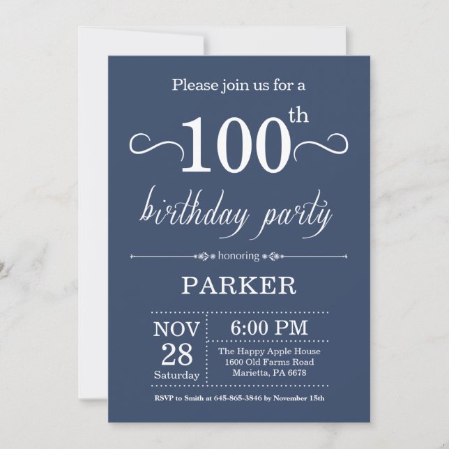 100th Birthday Invitation Blue (Front)