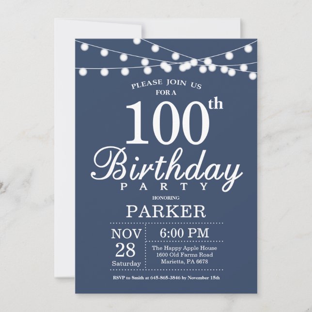 100th Birthday Invitation Blue (Front)